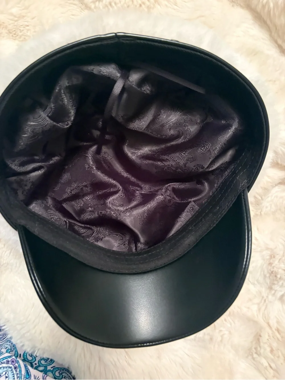 FASHION Black Leather like Baker Boy Cap with Cream Fur Trim